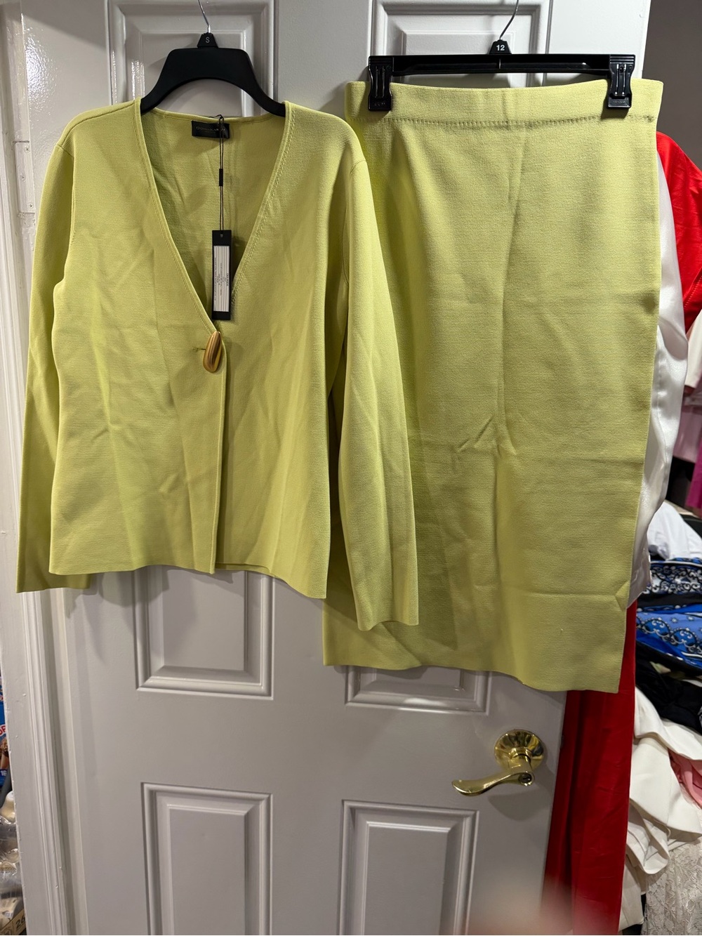 Donna Karan Lemon Green Knit Pencil Skirt & Blazer set